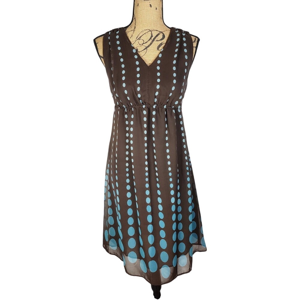 Y2K Vintage APT 9 Size 10 Brown Blue Chiffon Empire Waist Asymmetrical Dress EUC